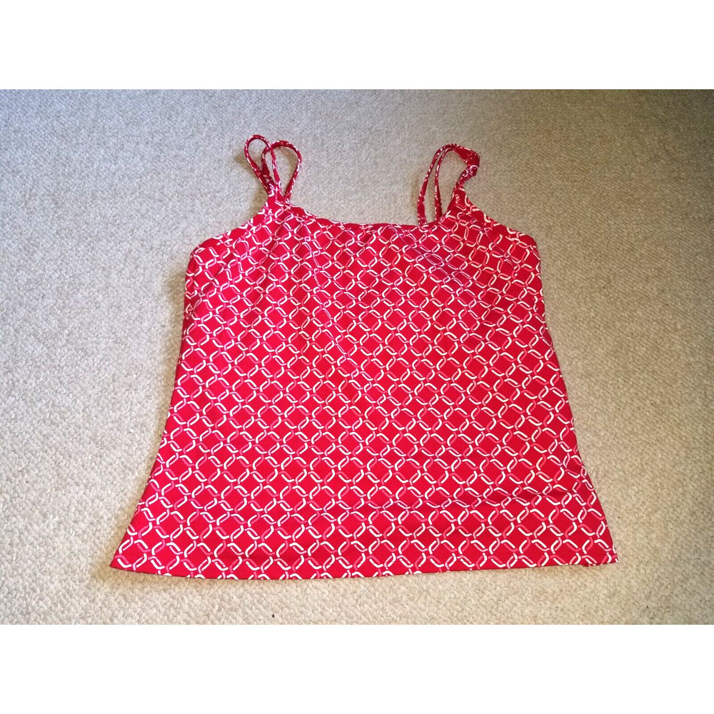 Womens Swim Suit-LANDS' END-red/wht nylon stretch tankini top lined shelf bra-14